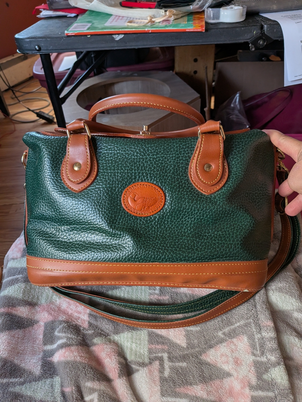 Green Pebbled Leather Satchel with Tan Trim - Classic Structured Carryall
